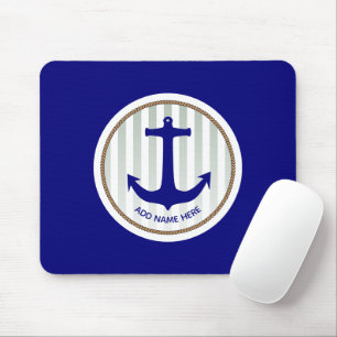 Tapis De Souris Rayures grises nautiques et ancre bleue