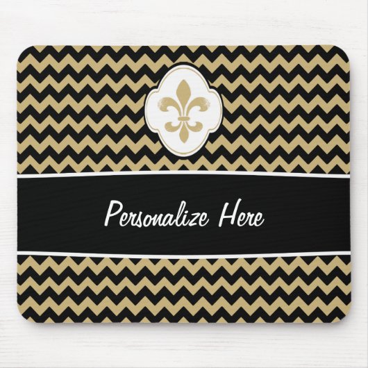 Tapis De Souris Rayures noires de Fleur de Lis Chevron d'or blanc (Devant)