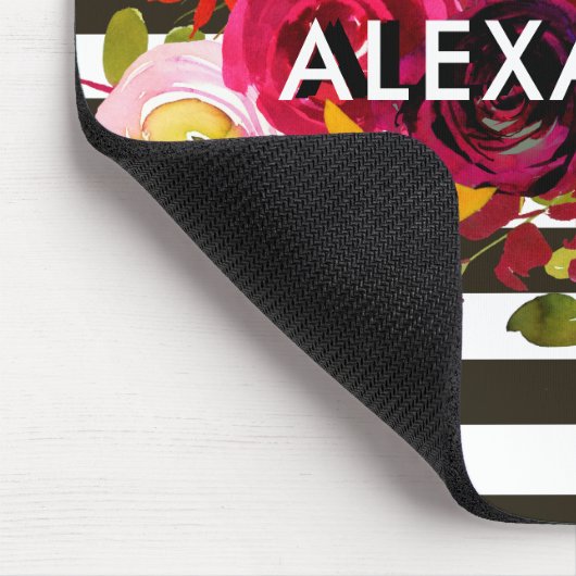 Tapis De Souris Rayures | noires et blanches florales de Boho (Coin)