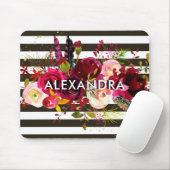 Tapis De Souris Rayures | noires et blanches florales de Boho (Avec souris)