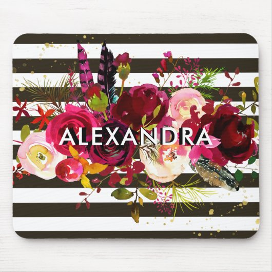 Tapis De Souris Rayures | noires et blanches florales de Boho (Devant)