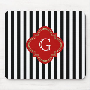 Tapis De Souris Rayures noires et blanches, monogramme d'étiquette
