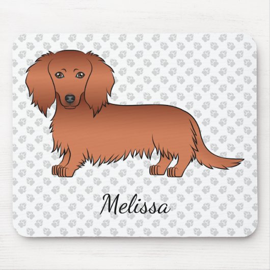 Tapis De Souris Red Long Cheveux Dachshund mignon Dessin et nom (Devant)