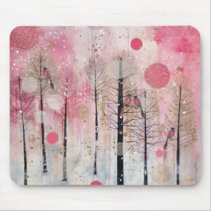 Tapis De Souris Refuge de l'oiseau chanteur rose magique d'hiver