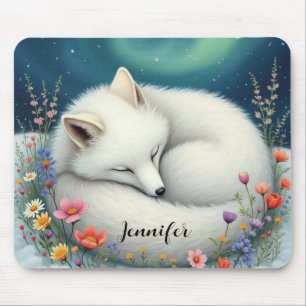 Tapis De Souris Renard arctique Dormir dans des fleurs sauvages Pe