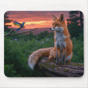 Tapis De Souris Renard et oiseau au coucher du soleil sur la scène