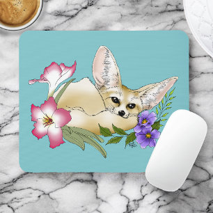 Tapis De Souris Renard Fennec Fleurs Rose Violet Mignon Bleu Botan