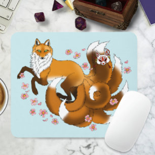 Tapis De Souris Renard Kitsune Fantaisiste Fleurs de Cerisier Bleu