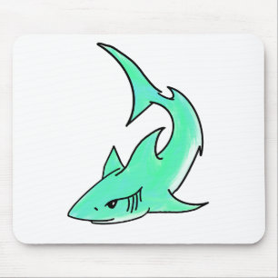 Tapis De Souris requin souriant de dessin animé bleu vert océan an