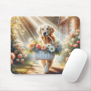 Tapis De Souris Retriever Doré Avec Panier À Fleurs