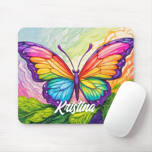 Tapis De Souris Retro Artistic Custom Butterfly Monogram Name (Avec souris)