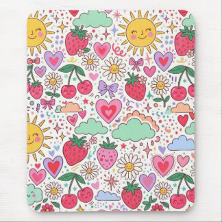 Tapis De Souris Rétro Mignon Fraise, Soleil, et Cœurs Heureux