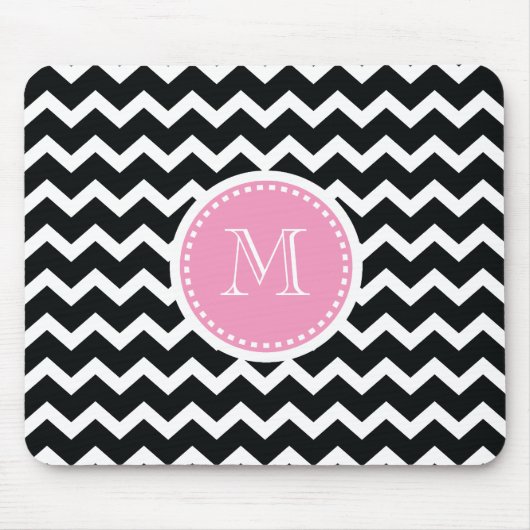 Tapis De Souris Rétro monogramme rose et noir élégant de Chevron (Devant)