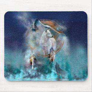 Tapis De Souris Rêveur indien et loup à tête ethnique