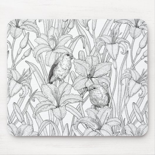 Tapis De Souris Robins et fleurs de lys, noir et blanc (Devant)