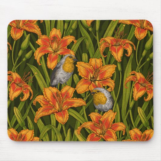 Tapis De Souris Robins et fleurs de lys, orange et vert foncé (Devant)