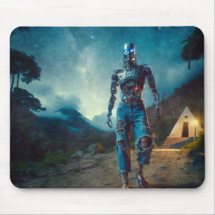 Tapis De Souris Robot futuriste dans un paysage ancien