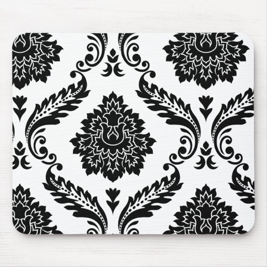 Tapis De Souris Rococo Damask décentré Pattern Noir sur Blanc (Devant)