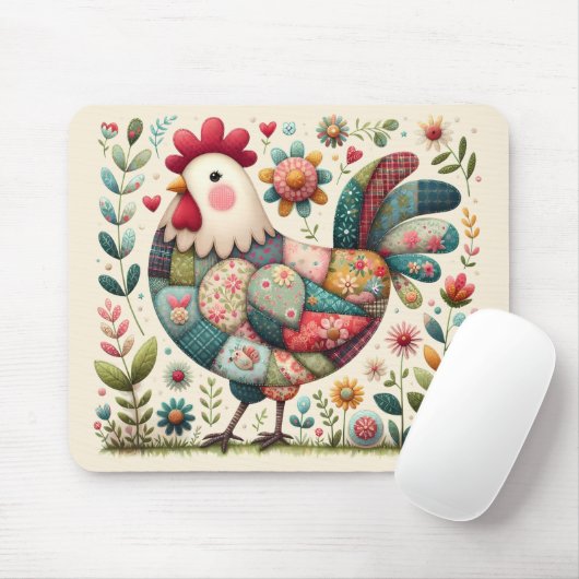 Tapis De Souris Rooster de Patchwork Folk aux accents floraux (Avec souris)