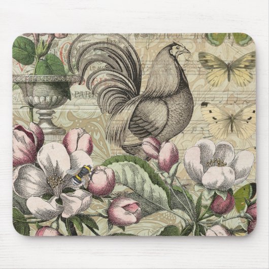 Tapis De Souris Rooster Garden Flower Papillon Art (Devant)