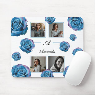 Tapis De Souris Rose bleu moderne Monogramme Photo Collage Personn