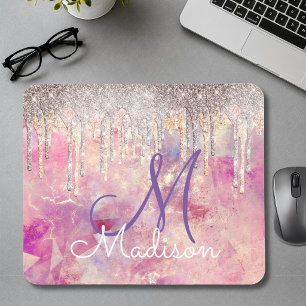Tapis De Souris Rose chic blush rose holographique monogramme qui