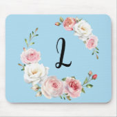 Tapis De Souris Rose Chic Roses Blanches Script initial Bébé Bleu (Devant)