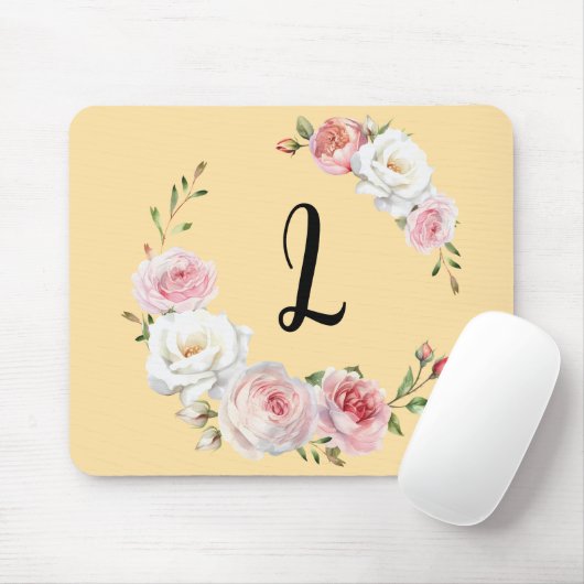 Tapis De Souris Rose Chic Roses Blanches Script Initial Beige (Avec souris)