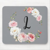 Tapis De Souris Rose Chic Roses Blanches Script initial Gris (Devant)