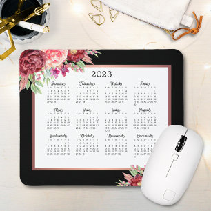 Tapis De Souris Rose de Bourgogne Floral Black 2023 Calendrier