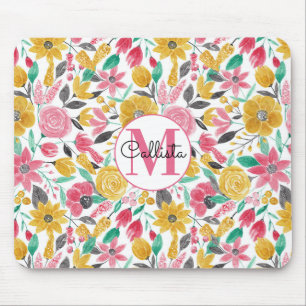 Tapis De Souris Rose doré Feuille Aquarelle Monogramme