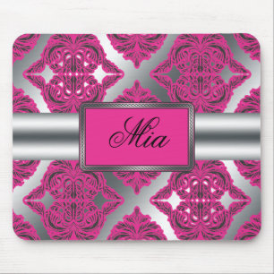 Tapis De Souris Rose fleuri de damassé, noir, argent