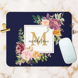 Tapis De Souris Rose florale botanique élégante à l'aquarelle Mono