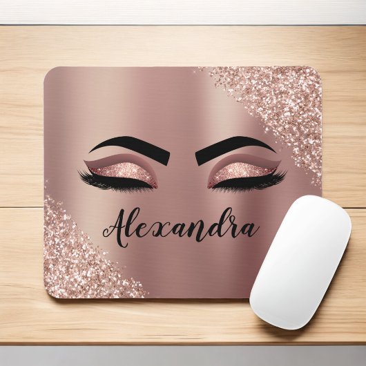 Tapis De Souris Rose Gold Blush Pink Monogram Glitter Eyelashes
