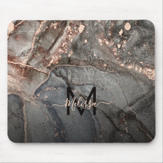 Tapis De Souris Rose Gold Gray Ink Marble Monogramme