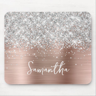 Tapis De Souris Rose Gold Pailleté Argent Glam Nom