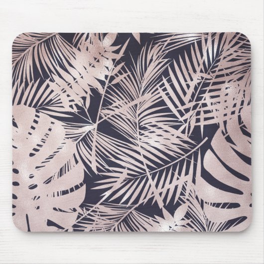 Tapis De Souris Rose Gold Pink Dark Tropical Palm Tree Leaves (Devant)