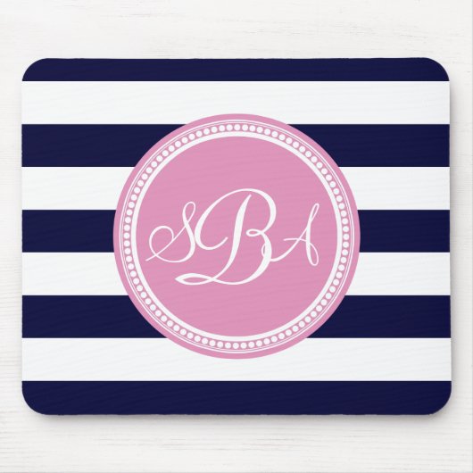 Tapis De Souris Rose Monogramme Marine Bleu Bande Personnalisée (Devant)