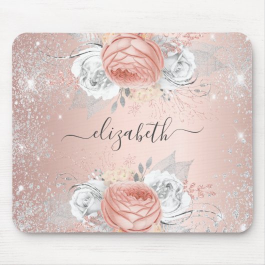 Tapis De Souris Rose or floral argent parties scintillant nom mono (Devant)