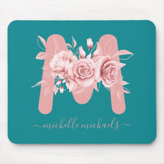 Tapis De Souris Rose or Turquoise Floral Aquarelle Monogramme (Devant)