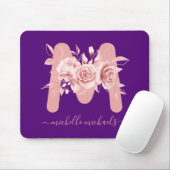 Tapis De Souris Rose or violet d'aquarelle florale Monogramme (Avec souris)