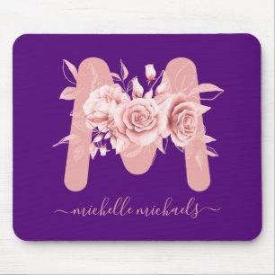 Tapis De Souris Rose or violet d'aquarelle florale Monogramme