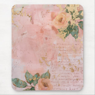 Tapis De Souris Rose Pâle et Or Art Floral Abstrait