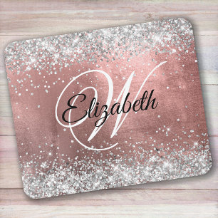 Tapis De Souris Rose Poudrée Monogramme Pailleté Argenté