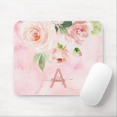 Tapis De Souris Rose rose pâle Floral Aquarelle Nom Monogramme (Avec souris)