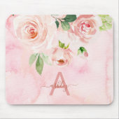 Tapis De Souris Rose rose pâle Floral Aquarelle Nom Monogramme (Devant)