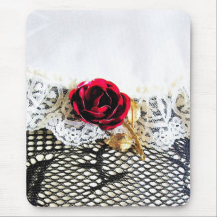 Tapis De Souris Rose rouge romantique et dentelle blanche