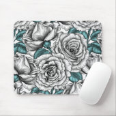 Tapis De Souris Roses blanches avec feuilles bleus (Avec souris)