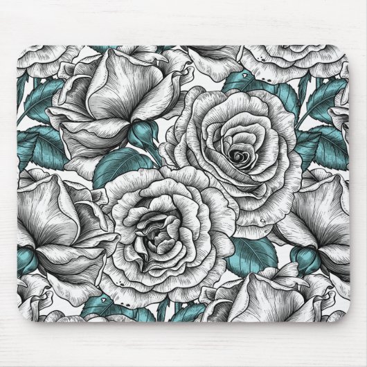 Tapis De Souris Roses blanches avec feuilles bleus (Devant)