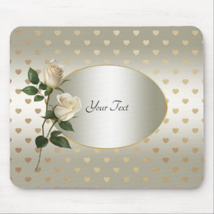 Tapis De Souris Roses blanches Coeurs d'or Mousepad